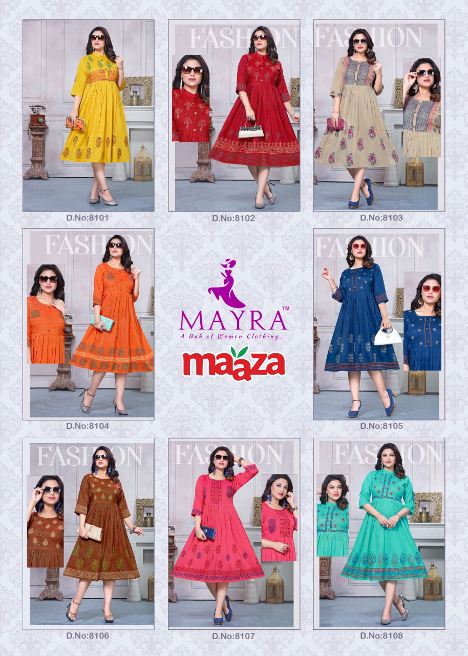 Mayra Maaza Flair Latest Fancy Style Long Casual Wear Anarakali Rayon Designer Kurtis Collection
